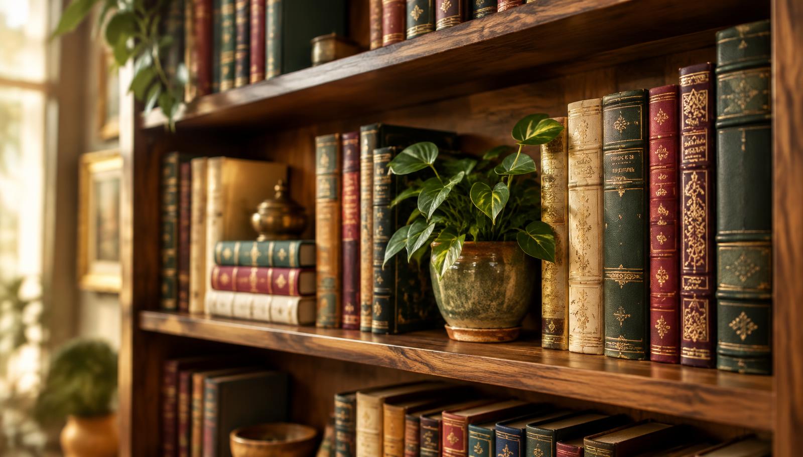 Estantería de madera con libros antiguos